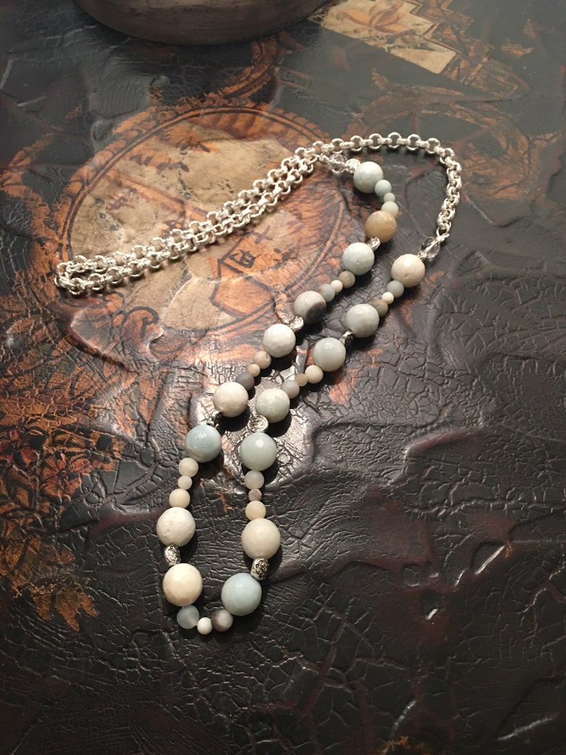 487 Thick Chain Silver /& Beaded Amazonite Necklace with VintageTuscan Chandelier Drop Crystals.