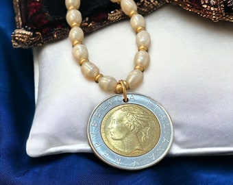 1288. Freshwater Pearl Necklace with Vintage/Italian Gold and Silver Mixed Metal Coin Pendant