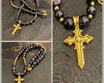854. Black Pearl and Gold Beaded Necklace with Vintage/Italian Gold Cross Pendant.