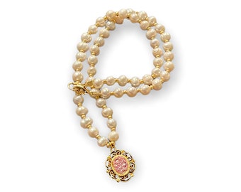 879. Freshwater Pearl, Vintage Gold Italian Floral Micro Mosaic Pendant and Beaded Necklace.