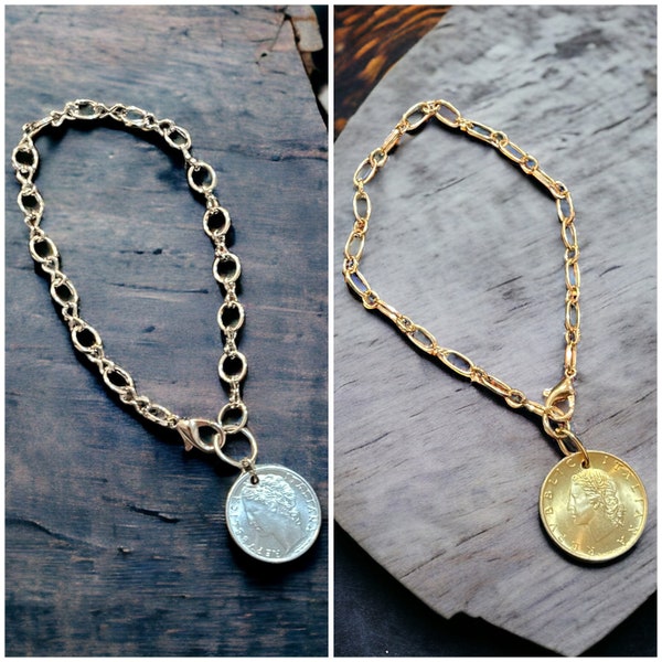 Gold and Silver Chain Adjustable Bracelets with Vintage Gold and Silver Italian Coins.