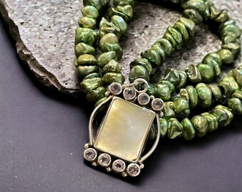 1287. Green Keshi Pearl Necklace with Vintage/Italian Sterling Silver Moonstone and Amethyst Pendant