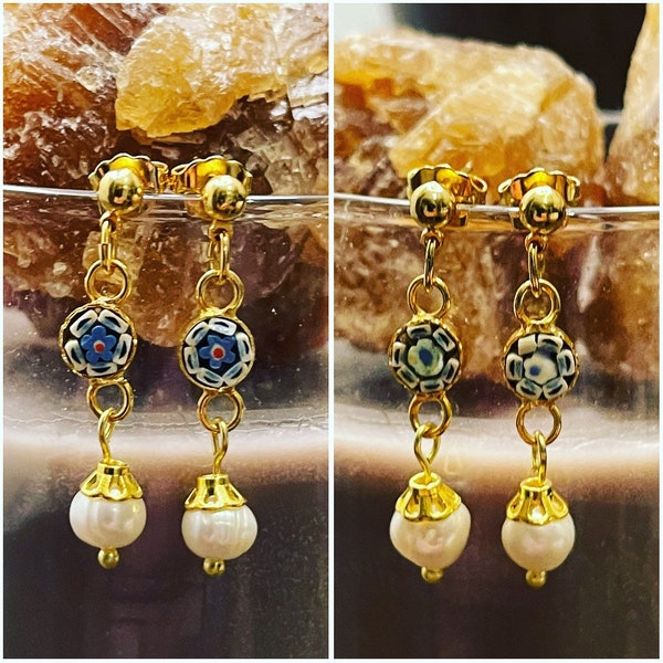 Vintage Gold Italian Micro Mosaic Earrings.