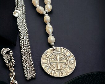 1310. Freshwater Pearl Beaded Necklace with Vintage/Italian Silver Coin Pendant.