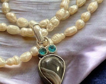 1214. Freshwater Pearl Necklace with Vintage/Italian Sterling Silver Amethyst and Topaz Pendant.