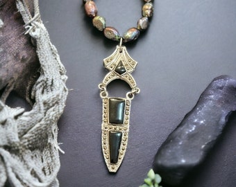 1255. Black Pearl Necklace with Vintage/Italian Sterling Silver and Onyx Pendant.