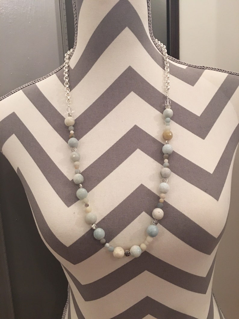 487 Thick Chain Silver /& Beaded Amazonite Necklace with VintageTuscan Chandelier Drop Crystals.