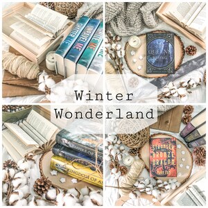 May include: A collage of four images featuring books, candles, and winter decor. The top left image shows a stack of three books with the titles "Shatter Me", "Unravel Me", and "Ignite Me". The top right image shows a book titled "The Queens Rising" by Rebecca Ross on a wooden slice with white cotton balls and a candle. The bottom left image shows a stack of three books with the titles "Empire of Storms", "Tower of Dawn", and "Kingdom of Ash". The bottom right image shows a book titled "Stronger Than the Bronze Dragon" by Mary Fan on a wooden slice with white cotton balls, a candle, and a wicker ball.