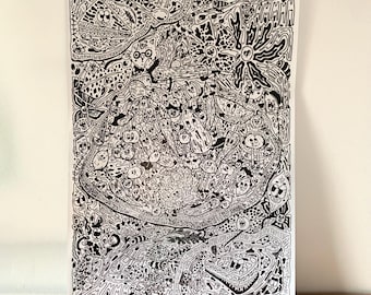THE DINNER / Illustration PRINT Detailed Doodle Art / Psychedelic, Surrealism, Comic Art, Black & White, A2/B2 Size Artwork / Wall Decor