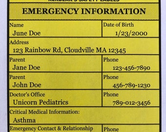 Blank Emergency Car Seat ID Label