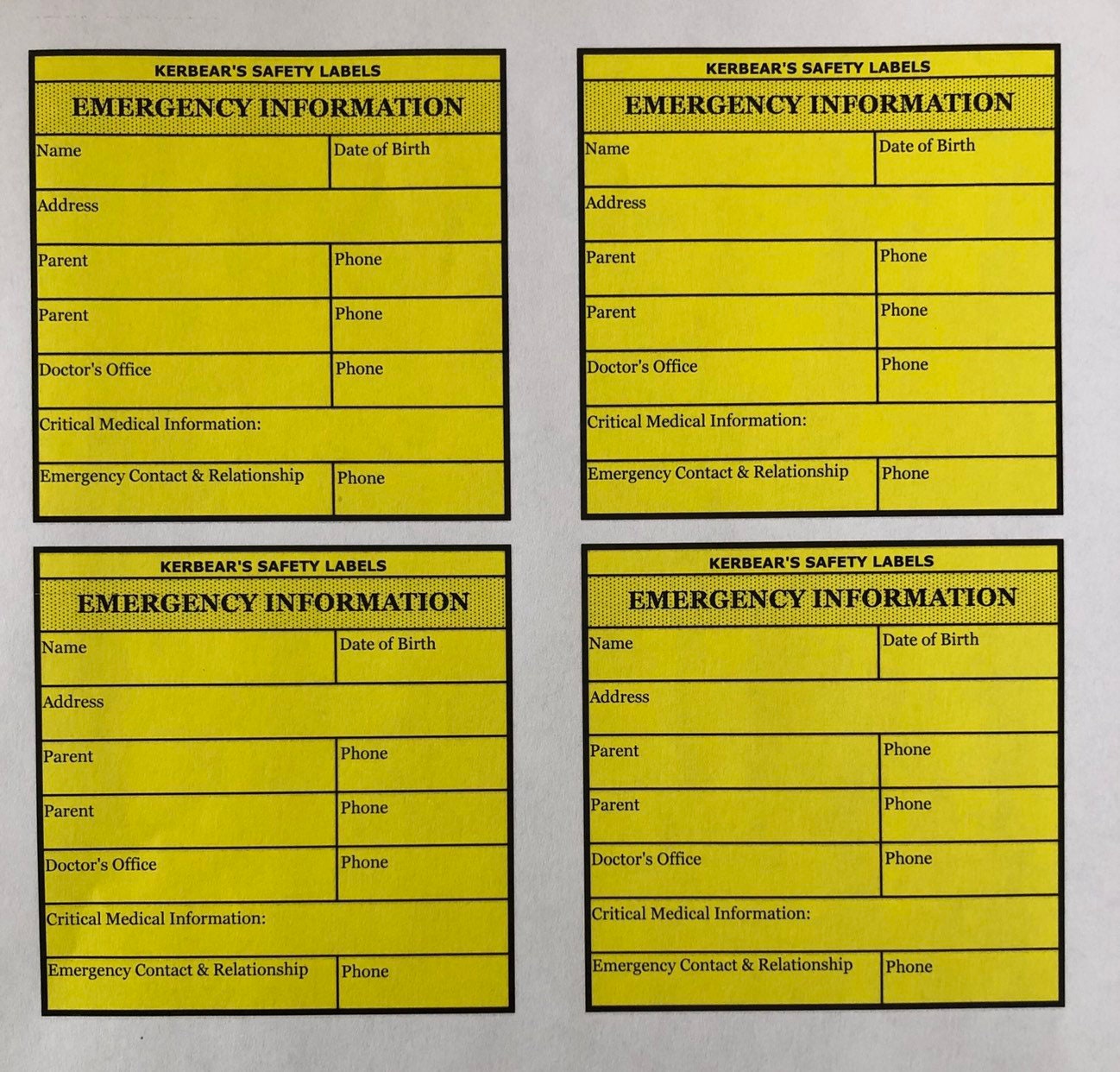 Blank Set of 4 Emergency Car Seat ID Labels - Etsy.de