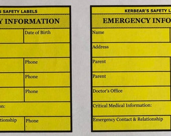Blank Set of 2 Emergency Car Seat ID Labels