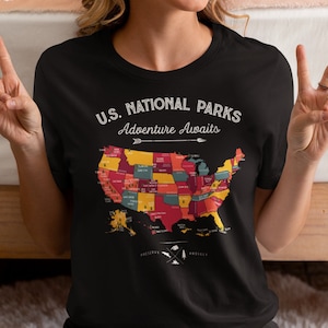 Carte des 63 parcs nationaux des États-Unis T-shirt rétro vintage de camping et de randonnée, chemise d'extérieur, chemise pour amoureux du camping, chemise parcs nationaux