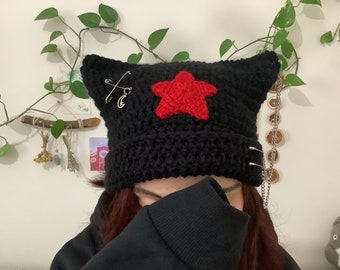 帽子 jiljil STRAWBERRY STAR CAT BEANIE Emo Beanie Grunge Clothes Y2K Cat Strawberry Strip Hat