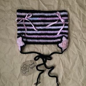 Kat oor muts, gehaakte kattenhoed, handgemaakt cadeau, ster muts, Y2K, Bunny muts, gehaakte strik, roze strik