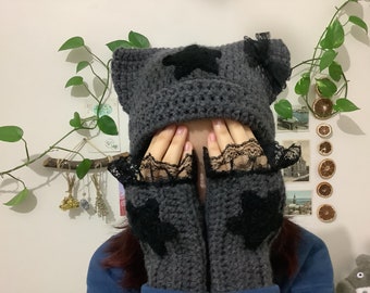 Cat Beanie , Cat Ear Beanie , Handmade Beanie , Fingerless