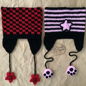 Cat ear beanie, Flap ear crochet hat, striped knitted hat, star pom poms, gift handmade, bunny beanie,