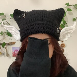 Cat Beanie, Cat Ear Beanie, Crochet Cat Hat, Star Cat Hat, Handmade Gift, Knit Cat Hat, Striped Cat Beanie, Black Cat, Angel Hat