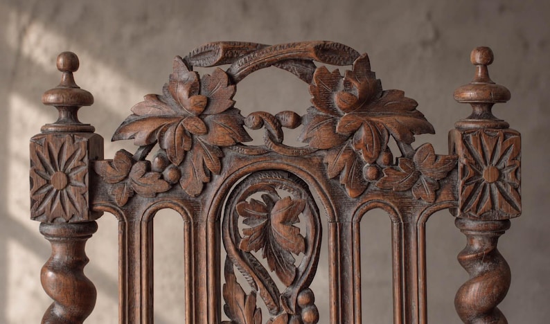 Ornate Vintage Carved Wooden Occasional Chair - Reupholstered Dark Oat ...
