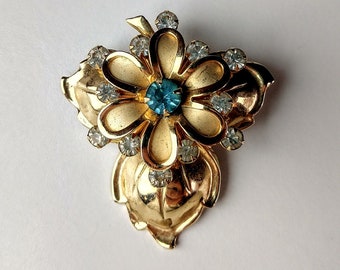 Vintage 60s brooch pin pendant jewelry goldtone flower shape with faux diamonds aqua stone pin or hang on chain