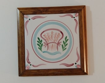 Vintage wheat trivet handpainted tile in wood frame pot holder kitchen hand painted decor