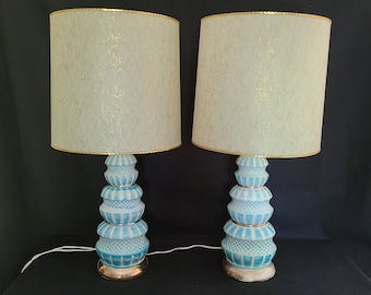 SALE MCM aqua and gold table lamp pair flawless shades 1950's lamps with original harp and finials mid-century props movie tv stage