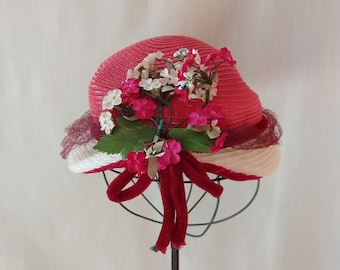 Vintage spring/summer straw hat with flowers, brim and bow, red and white church hat, ladylike romantic beautiful hat,40s and 50s summer cap