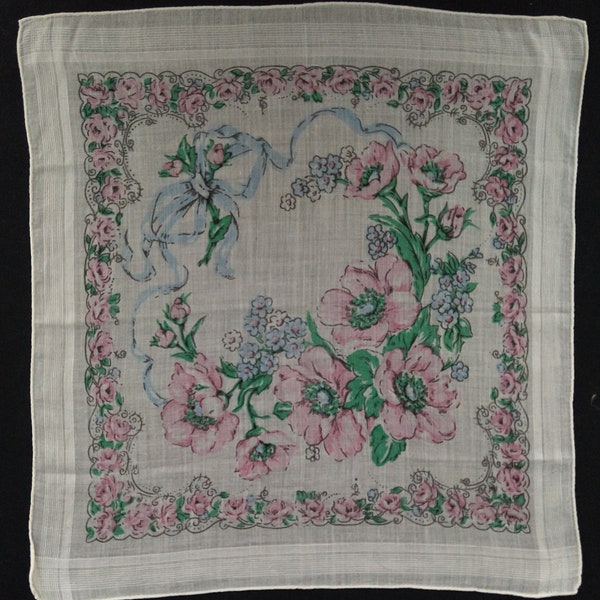 Vintage handkerchief cotton linen women's hankie pastel pink and blue floral pocket square hanky