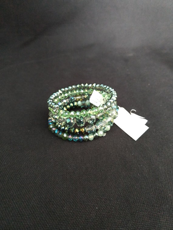 Vintage spiral beaded bracelet shiny blues greens… - image 5