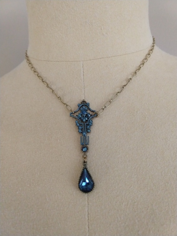 Vintage necklace and earrings set blue crystal te… - image 1