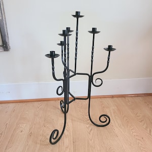 Vintage black wrought iron candle stand holds 7 candles ornate twist and scroll design elegant romantic gothic unique decor by PartyLite