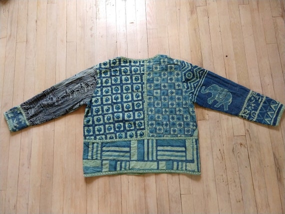 Blue quilted boxy jacket, 70s Asian inspired quilt