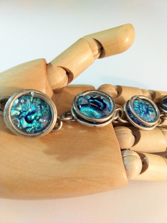 Vintage 90's Abalone shell bracelet silver tone m… - image 2