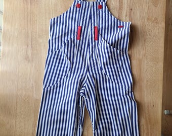 Vintage child's overalls, gender neutral, IZOD LACOSTE blue and white striped 100% cotton