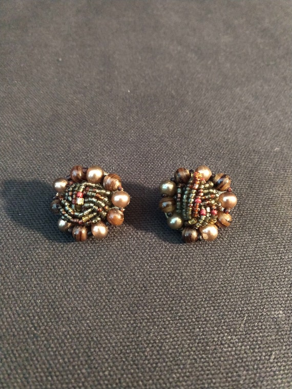 Mid Century earrings, brown, beaded, clip-ons, ne… - image 1