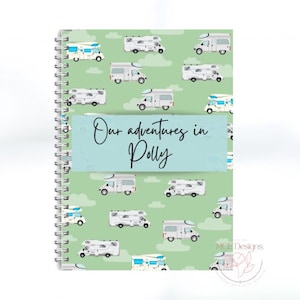 May include: A green spiral bound notebook with a white camper van pattern. The notebook has a blue sticker with the text "Our adventures in Polly".