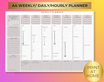 Weekly/Daily/ Hourly Planner, Undated Printable Planner, Undated Planner, Weekly Organiser, Desk Planner Weekly Schedule. A4 Landscape