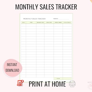 May include: Printable monthly sales tracker with columns for date, item, bought for, sold for, profit made, and total profit. The tracker is designed for use with a pen or pencil and is ready to be printed at home.