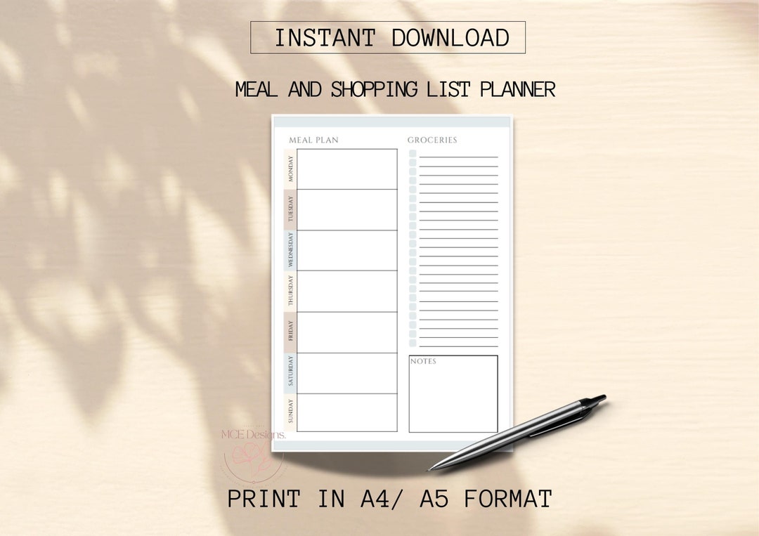 Weekly Meal Planner With Grocery List Printable Template, 7 Day Menu ...