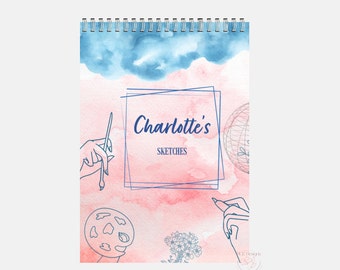 Pink/ Blue watercolour Personalised A4 Sketch pad / Drawing book/ Art pad. Personalised gift.