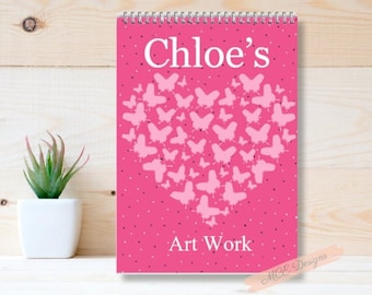 Pink Butterfly Hearts Personalised A4 Sketch pad / Drawing book/ Art pad Personalised gift Hearts & Butterflies