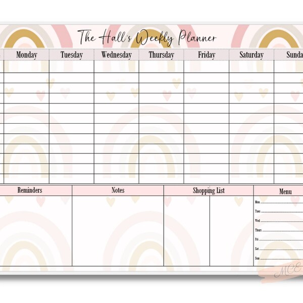 A3 Personalised wipeable/ re-usable weekly family wall planner. Shopping Lists, Meal planner, Reminders & Notes sections included.