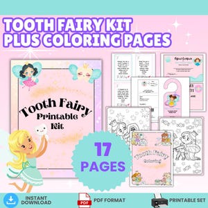 Druckbares PDF Tooth Fairy Kit- Tooth Fairy Brief - Malseiten - Zertifikat - Umschlag für verlorenen Zahn & Tracker. Mädchen Zahnfee Set.