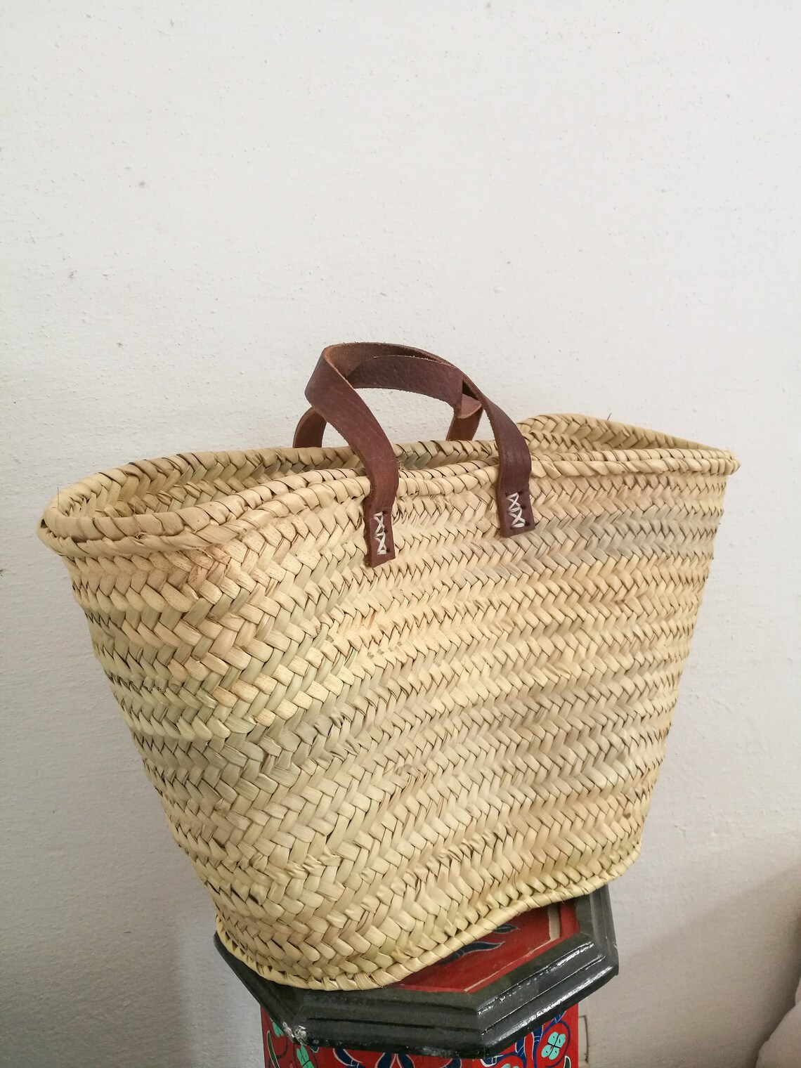 Medium Size Straw Market Bag With Leather Handles French Etsy