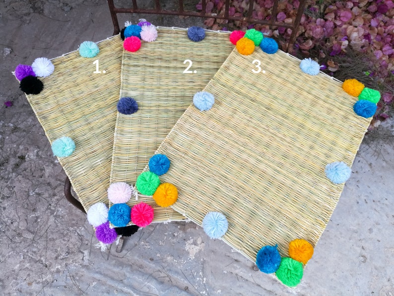 1 pcs handmade Straw Placemat with Pompoms Reusable placemat Etsy