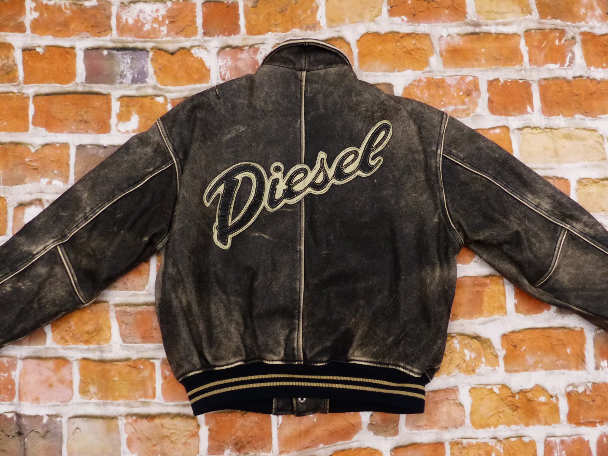 Diesel Vintage Leather Jacket Cursive Writing Stone Grey Varsity