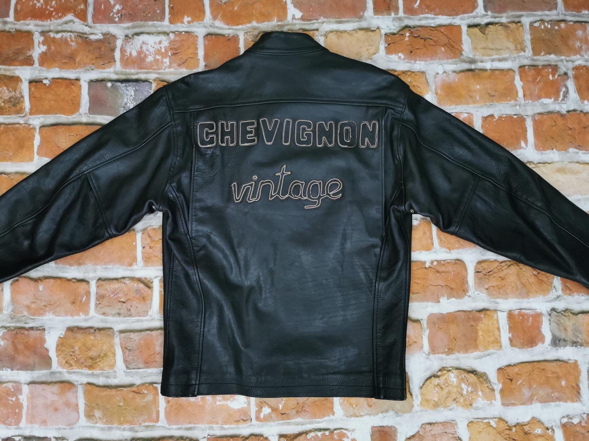 Chevignon Vintage Biker Leather Jacket Roadmasters Black Motorcycle Casual
