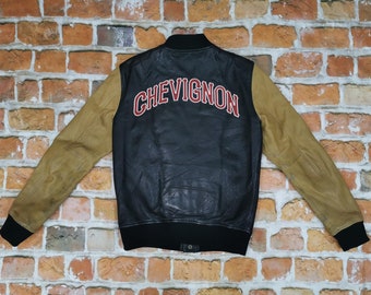 Chevignon vintage leather jacket round bow beige black casual