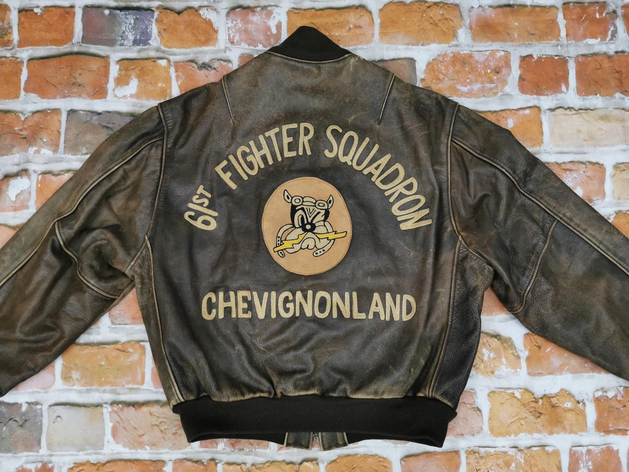 Chevignon Vintage Leather Jacket 61 St FIGHTER SQUADRON Luge Dog