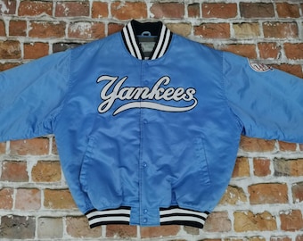 90's NY YANKEES Baseball Jacket USA製 NY Yankees 90s Vintage Blue Satin MLB Bomber Jacket
